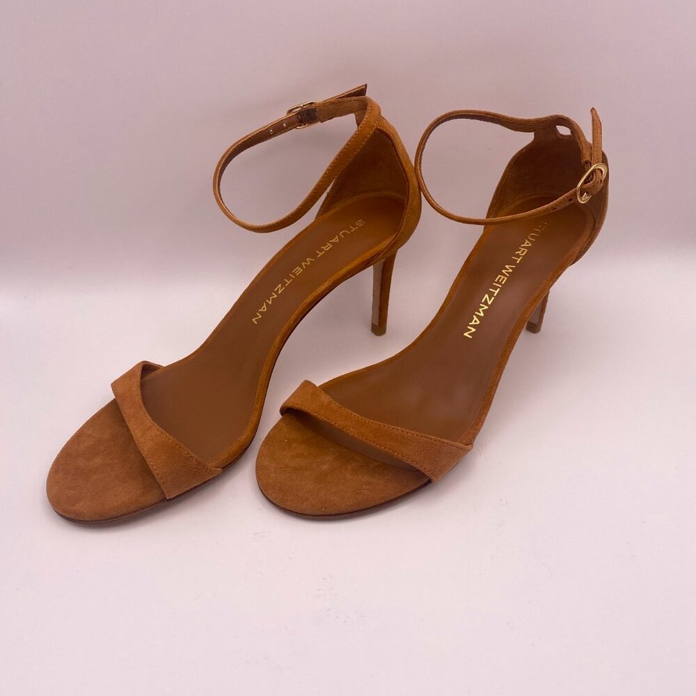 Stuart Weitzman Womens Hazel Brown Suede Strap Nudist II 75 Sandal